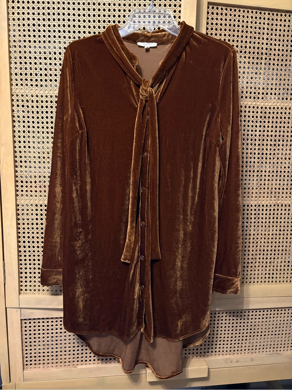 Mystree neck tie button front rust velvet mini dress tunic xs